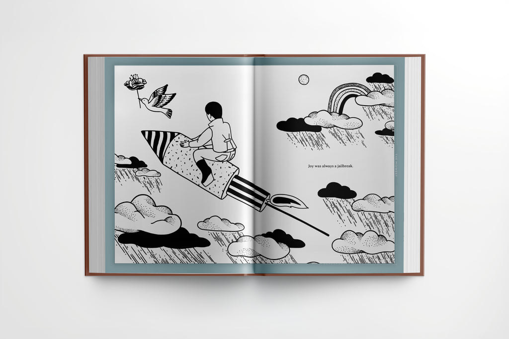Different Leaf Season One spread with black and white illustration of person riding rocket through clouds and rain