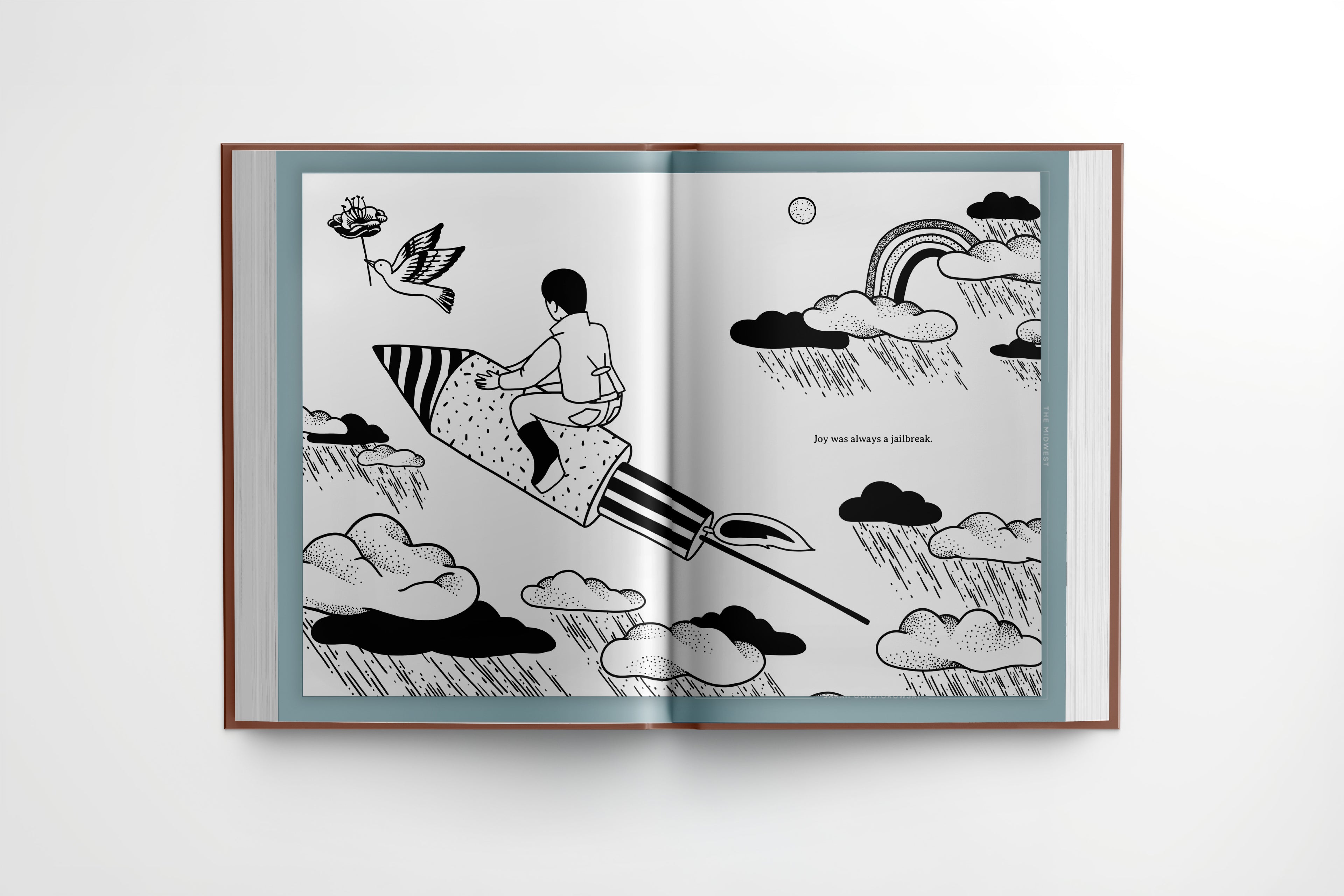 Different Leaf Season One spread with black and white illustration of person riding rocket through clouds and rain