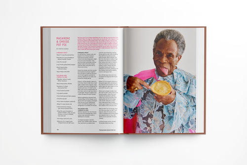 Different Leaf Season One interior spread with macaroni and cheese pot pie recipe and portrait holding pie