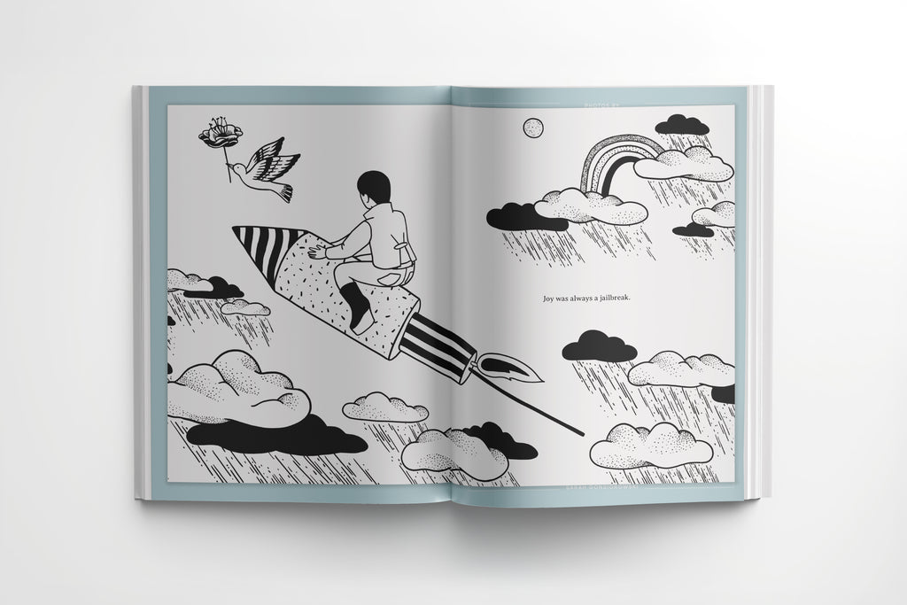 Different Leaf Season One spread with black and white illustration of person riding rocket through clouds and rain